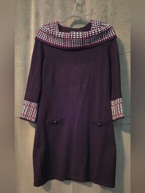 Women's Black Knit Shift Dress with Houndstooth Trim